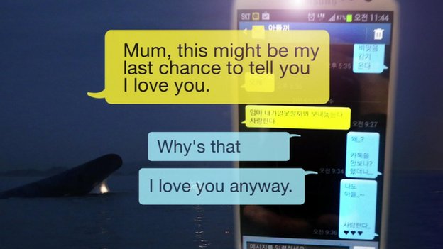 A student sends a heartbreaking message to his mother at the brink of the ferry disaster. He was later rescued, along with 179 other people. (Photo from BBC News Asia)